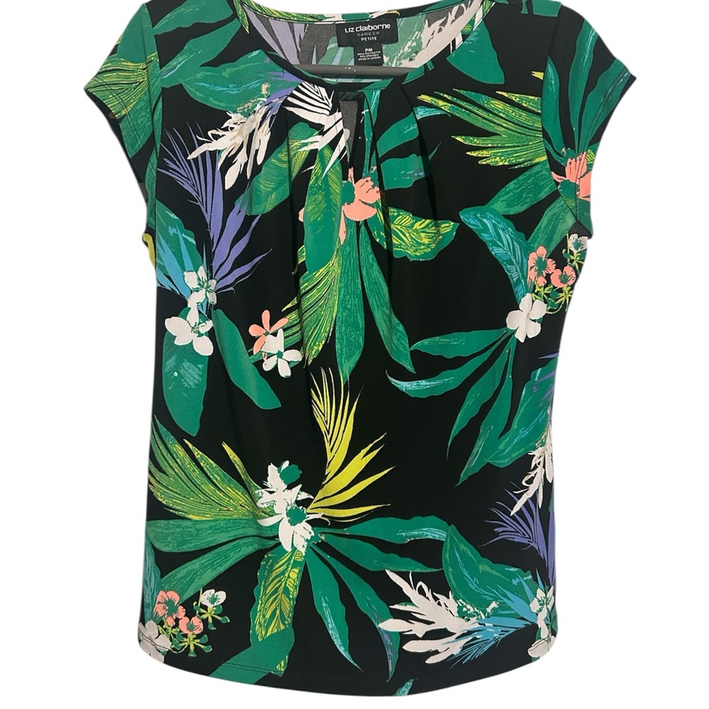 Liz Claiborne Women's Tropical Print Top - Black and Green Petite Medium